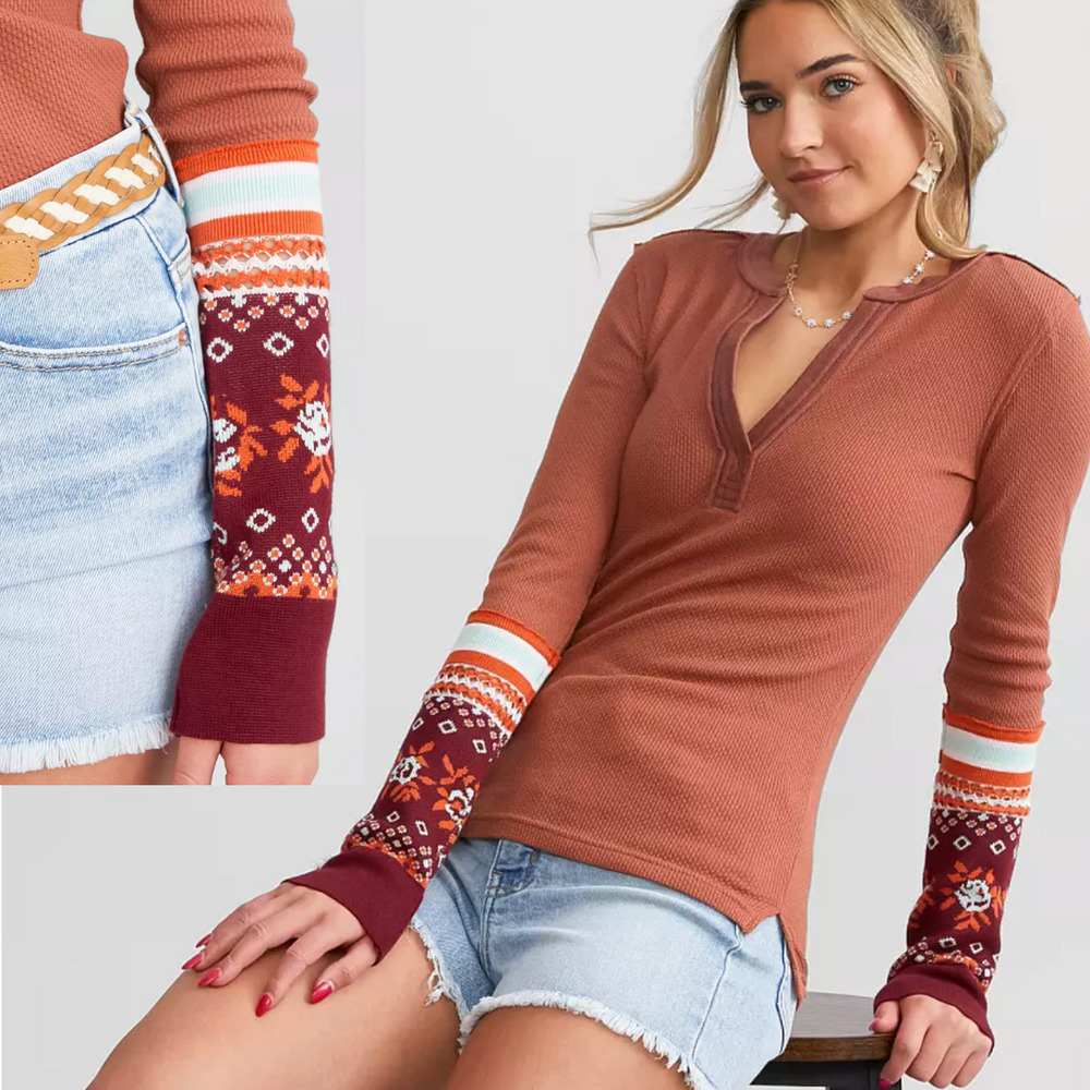 Free People Mikah Notch Neck Top Autumn Combo Size Small NWT MSRP $78 - Picture 3 of 4